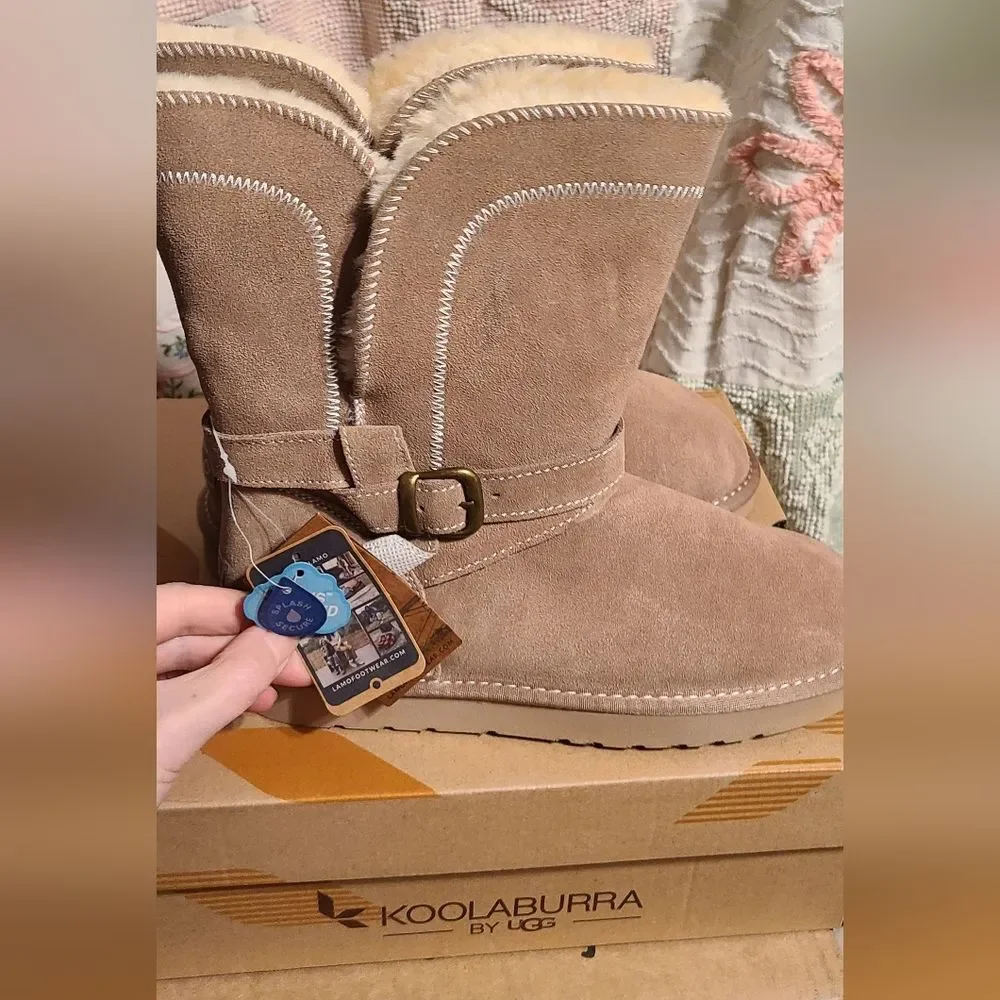 NEW LAMO TAN Light Brown BEIGE Sheepskin Shearling Winter Suede Buckle Boots 8